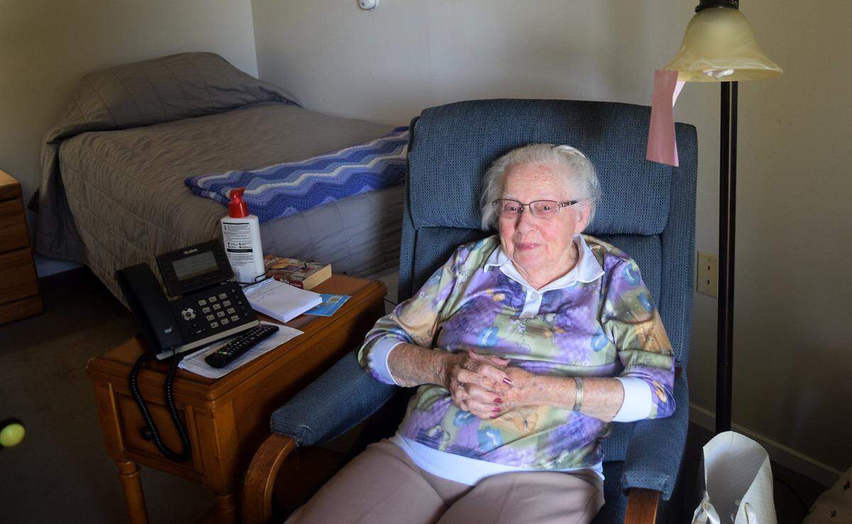 Frieda Lansdowne, 100, in her room at Casa de Modesto in Modesto, Calif., Friday, Oct. 4, 2024.