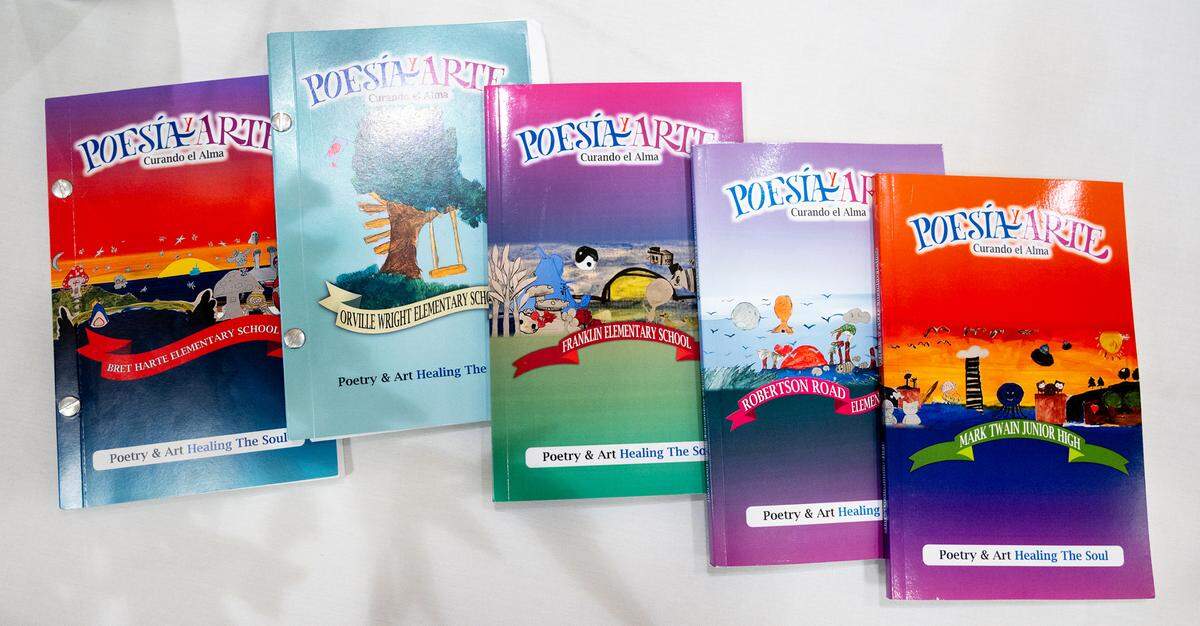 “Poesia y Arte Curando el Alma/ Poetry & Art Healing the Soul” books of poetry were created by students at five elementary schools in Modesto, Calif. The students participated in an after-school arts program that included drumming and mural painting.