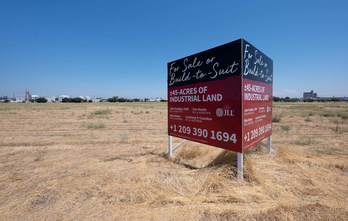 Property of the former FMC Corp. plant along Highway 99 on Graphics Drive in Modesto, Calif., Wednesday, July, 19, 2023. The plant which left toxic soil after closing in 1984, has since been cleaned up.