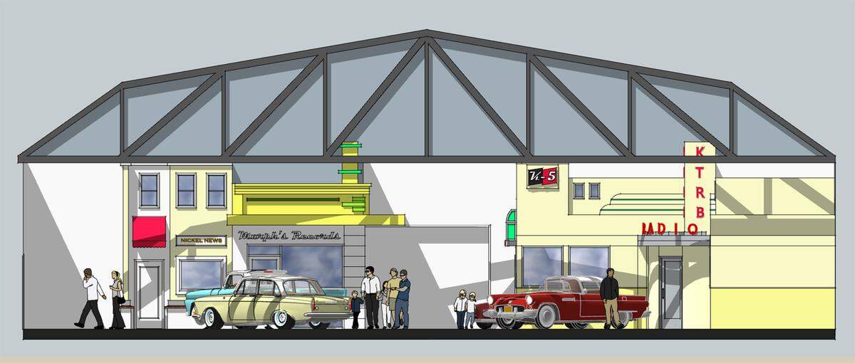Concept drawing for interior displays for the Graffiti USA Classic Car Museum.