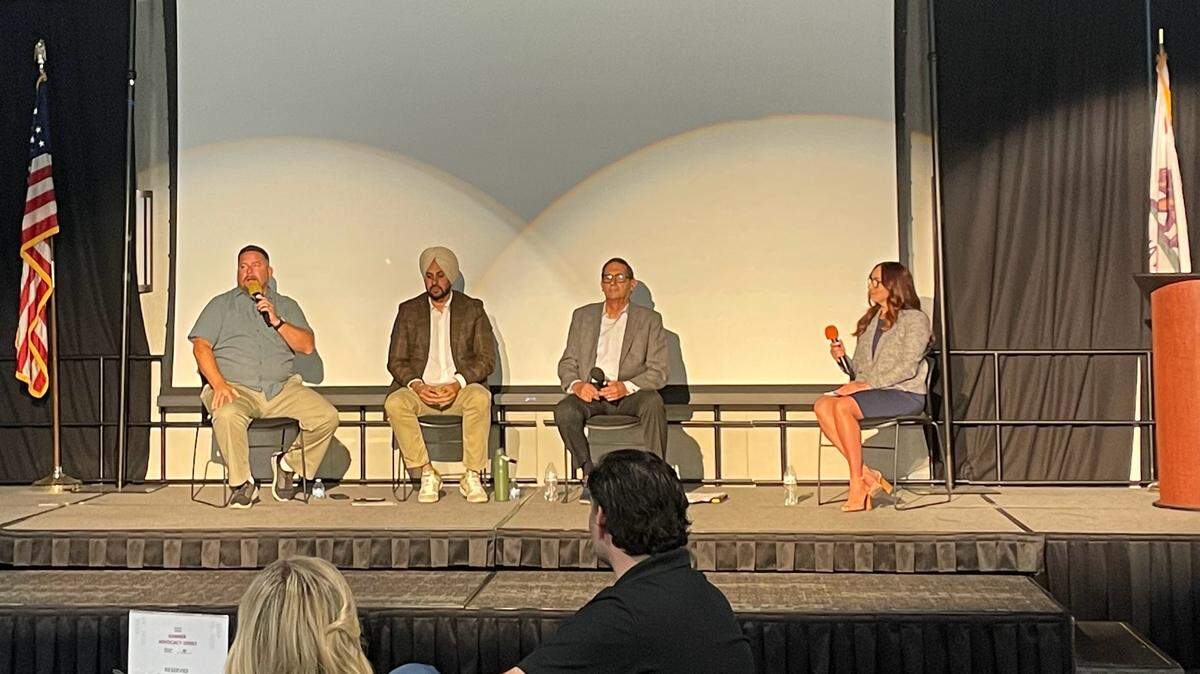 Assemblymember Juan Alanis, Stanislaus County Supervisor Mani Grewal and Modesto City Councilmember Nick Bavaro speak during a panel moderated by attorney Megan Belair at the Modesto Chamber of Commerce’s summer advocacy series on July 25, 2025.