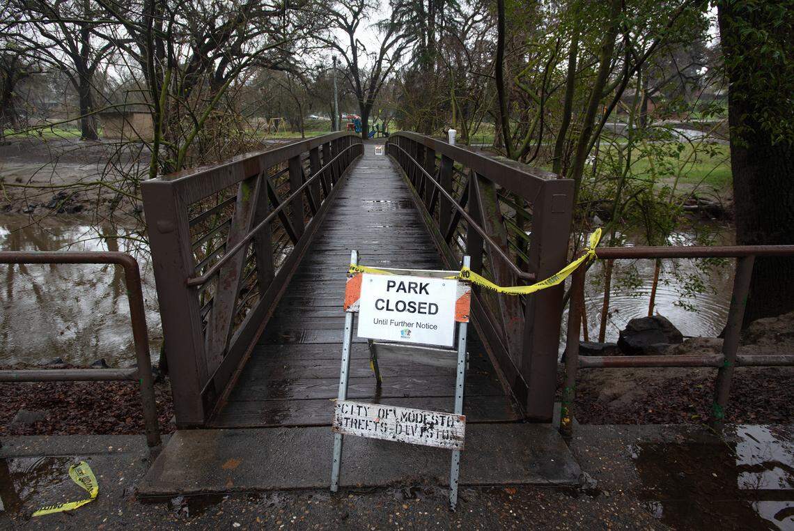 Due to expected rain and possible flooding Kewin Park and Moose Park are closed in Modesto, Calif., Friday, March 10, 2023.