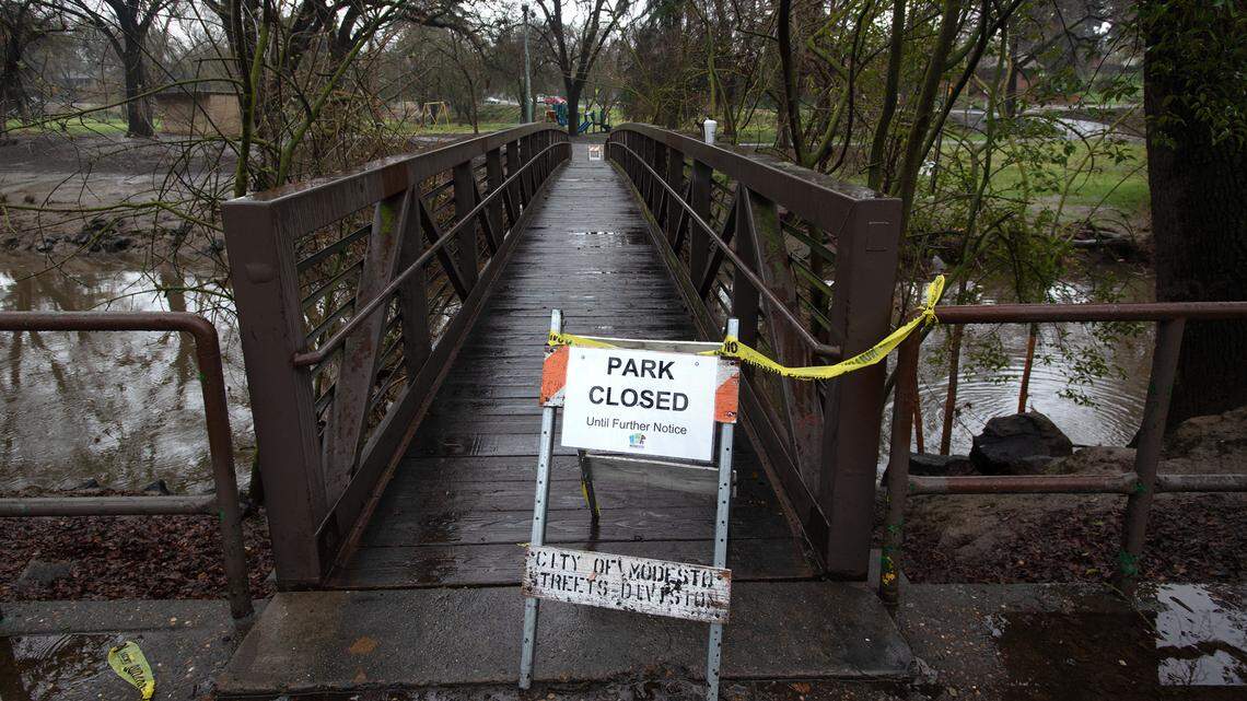 Due to expected rain and possible flooding Kewin Park and Moose Park are closed in Modesto, Calif., Friday, March 10, 2023.