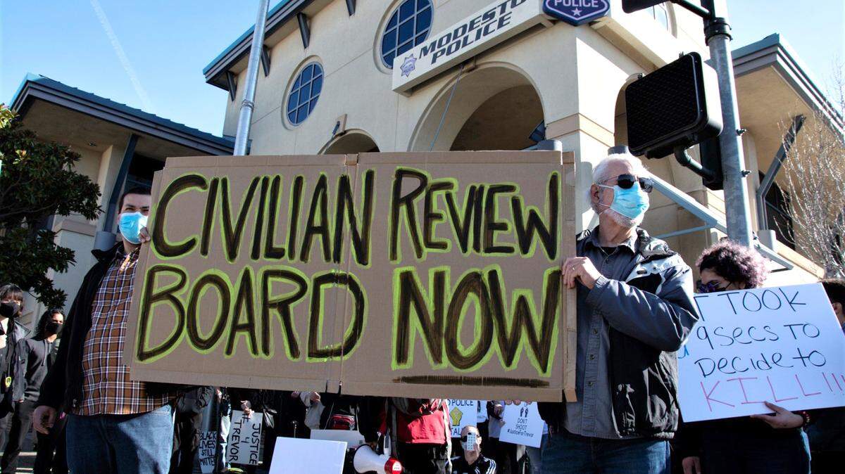 People protest the Dec. 29, 2020 shooting death of unarmed 29-year-old Trevor Seever by a Modesto police officer.