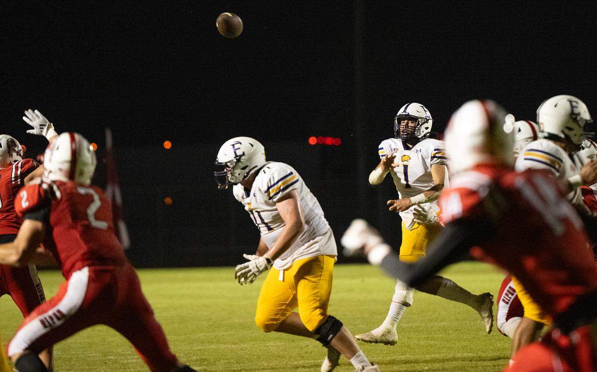 Escalon quarterback Logan Huebner throws a pass during the Trans-Valley League game with Ripon at Ripon High School in Ripon, Friday, Oct. 25, 2024.