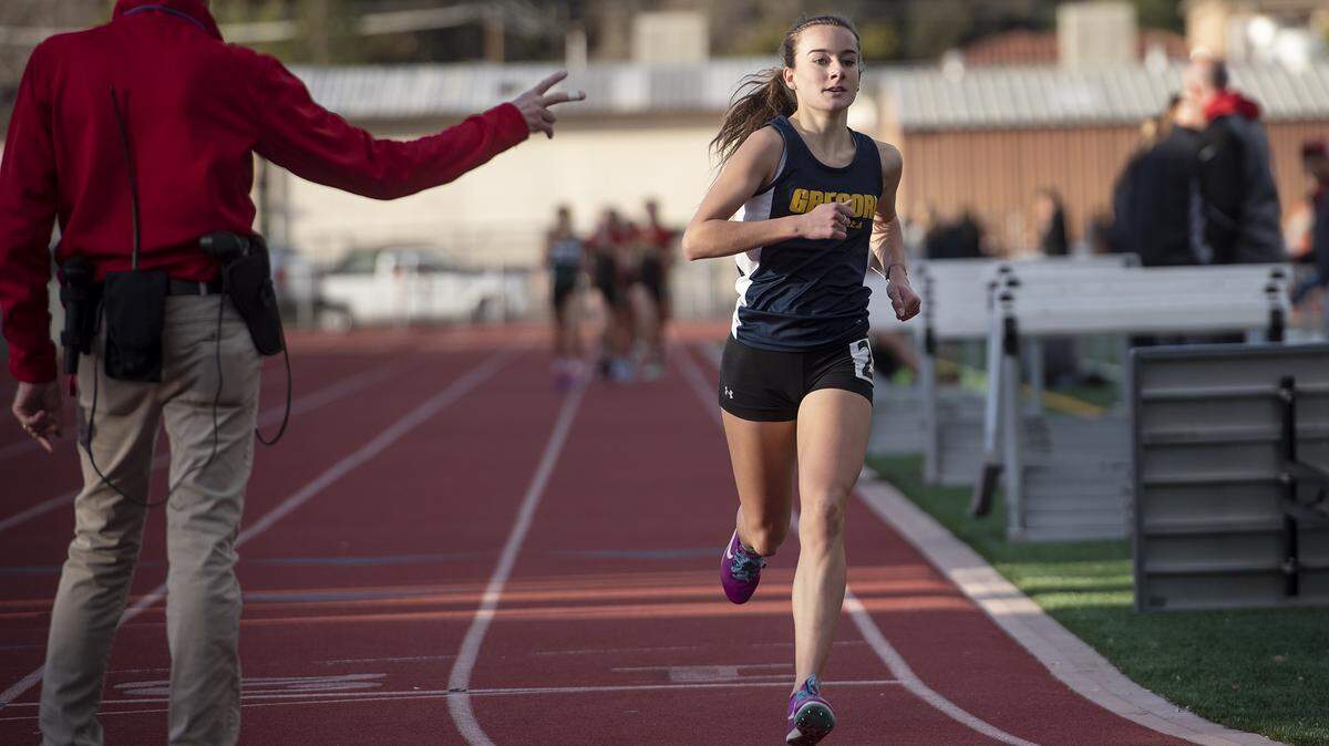 Gregori’s Madison Kackley won the 1600 meter race with a time of 5:16.60 during the Stanislaus County meet in Turlock, Calif., Friday, March 8, 2019. 