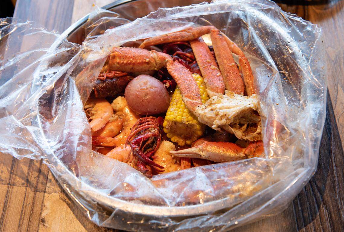 Seafood combo at Akitaca Crab in Modesto, Calif., on Wednesday, March 16, 2022.