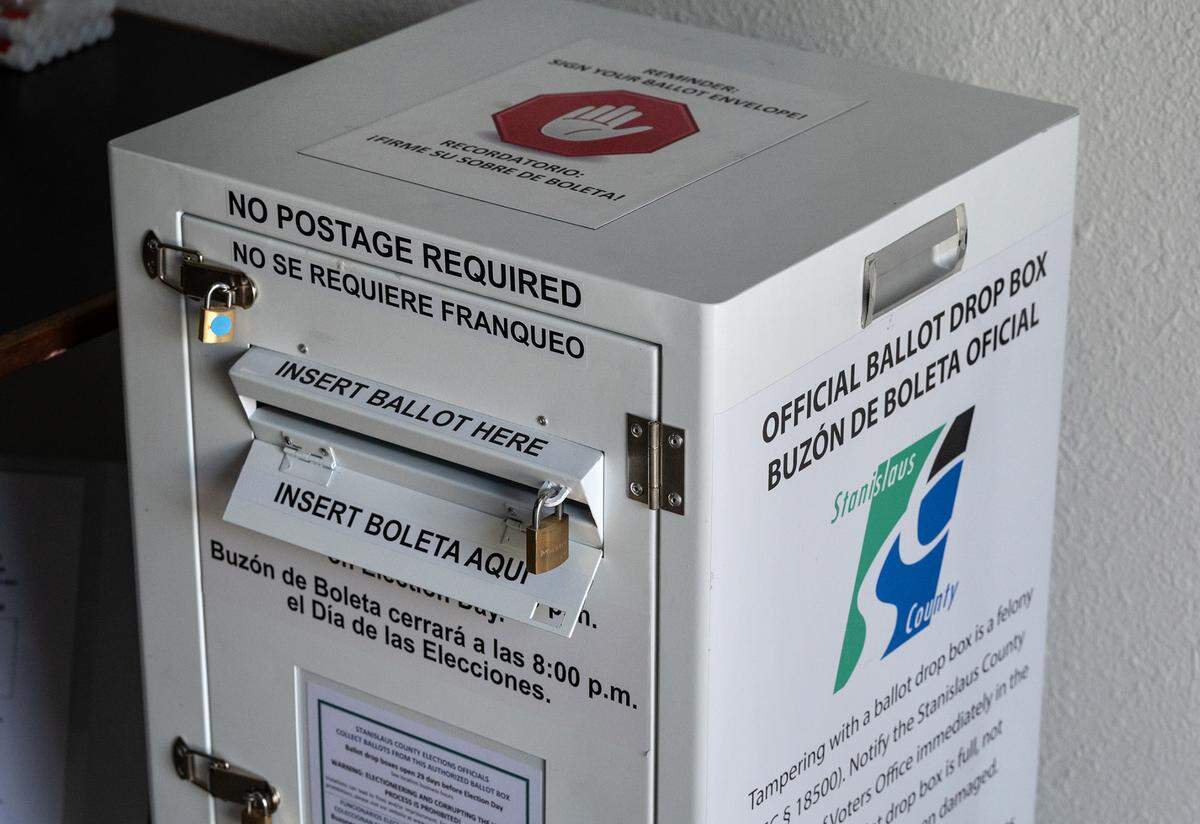 A ballot drop box inside a voting center on Oakdale Road in Modesto, Calif., on Tuesday, June 7, 2022.