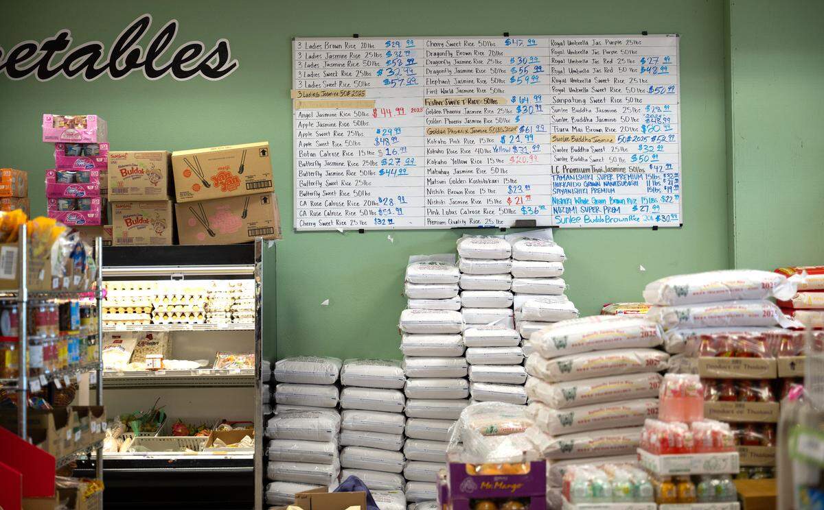 Rice prices are posted on the wall at Asian Market in Modesto, Wednesday, July 2, 2025.