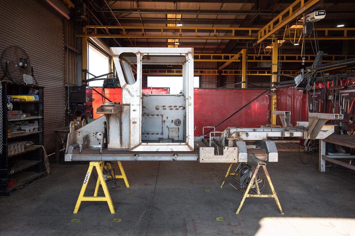 A section of equipment in a welding bay at Flory Industries in Salida, Calif., Thursday, Feb. 9, 2023. Flory Industries makes nut harvesting equipment in Salida, and is acquiring COE a Sacramento Valley company that specializes in making shakers and nut catching equipment.