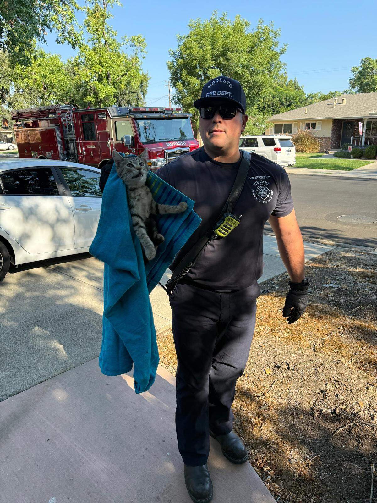 A Modesto firefighter carries a feral kitten after freeing it from a backyard soccer net Monday, Aug. 11, 2025. The cat ran off unharmed.