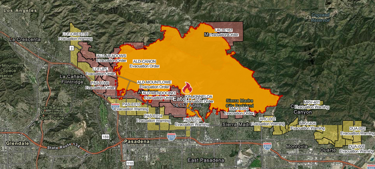 A map of evacuation orders for the Eaton Fire in Los Angeles County as of Satuday, Jan. 11, 2025.