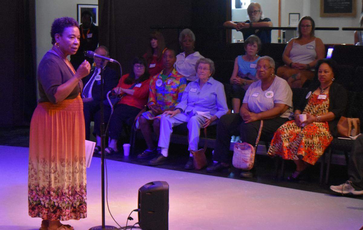 U.S. Rep. Barbara Lee, D-Oakland, speaks to an audience in the Prospect Theater Project building in downtown Modesto on Monday, July 3, 2023. Lee is seeking to succeed Dianne Feinstein as one of California’s U.S. senators.