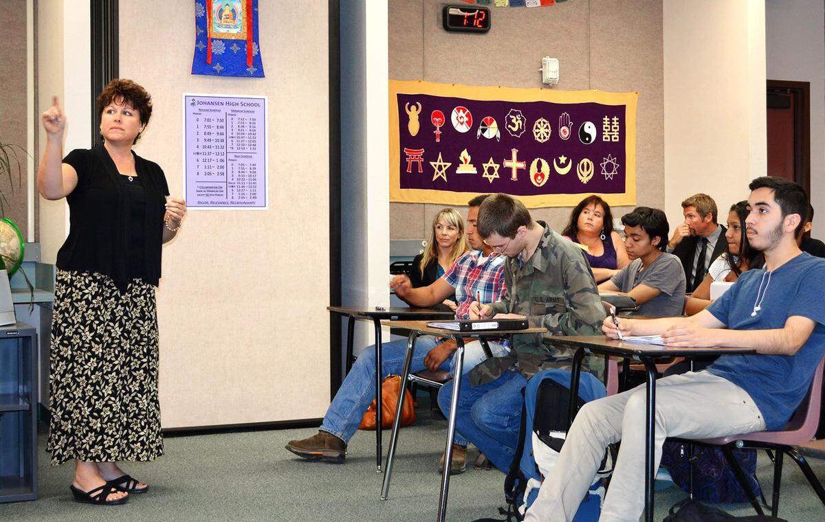 Sherry McIntyre teaches class at Johansen High in 2014.