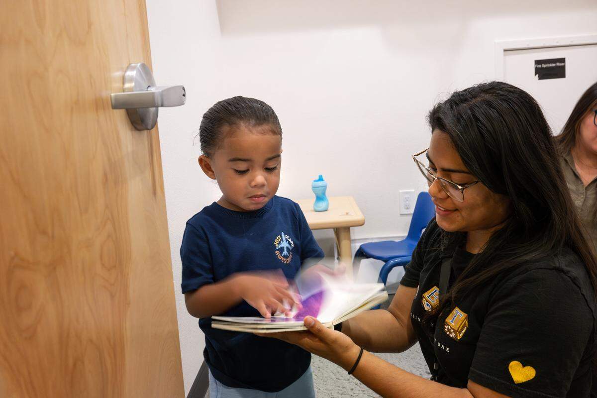 Behavioral technician Pricilla Lizama works with a child at the Behavioral and Educational Strategies and Training center in Modesto, Monday, Aug. 25, 2025. 