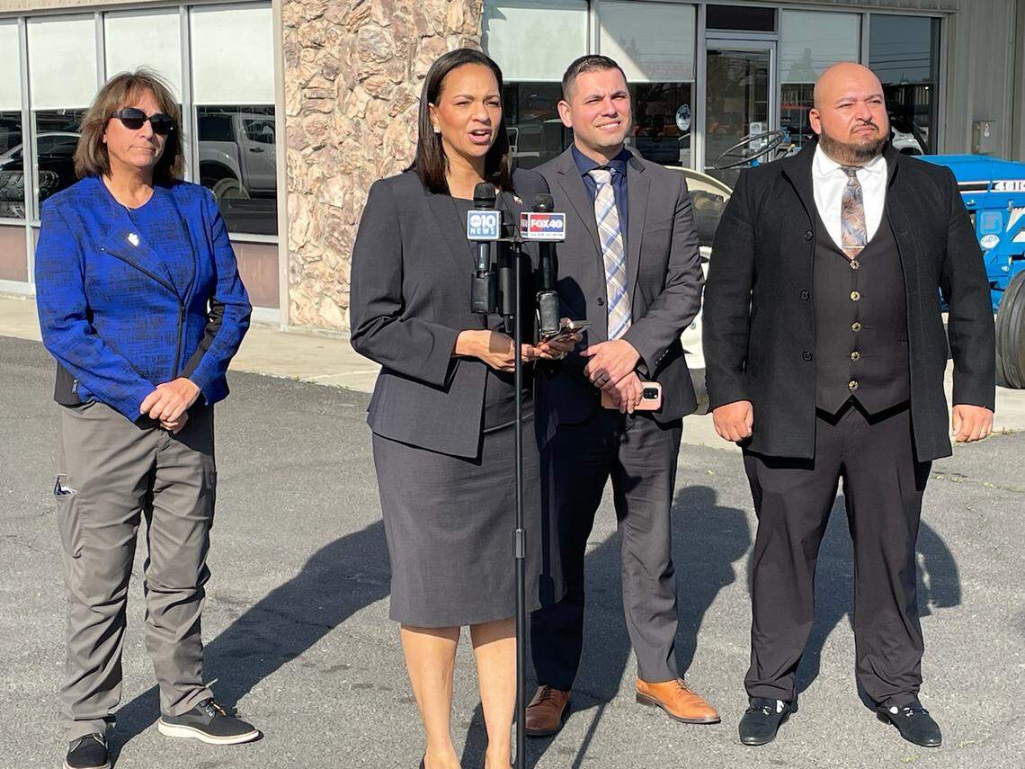 California Republican Party Vice Chair Corrin Rankin reacts to Gov. Gavin Newsom’s visit to Turlock on Monday, Jan. 6, 2025. Also pictured are Turlock Mayor Amy Bublak (l), Stanislaus County GOP Chairman Joel Campos and Ceres Mayor Javier Lopez.