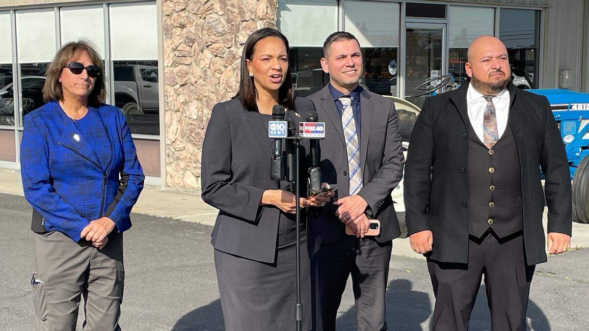 California Republican Party Vice Chair Corrin Rankin reacts to Gov. Gavin Newsom’s visit to Turlock on Monday, Jan. 6, 2025. Also pictured are Turlock Mayor Amy Bublak (l), Stanislaus County GOP Chairman Joel Campos and Ceres Mayor Javier Lopez.
