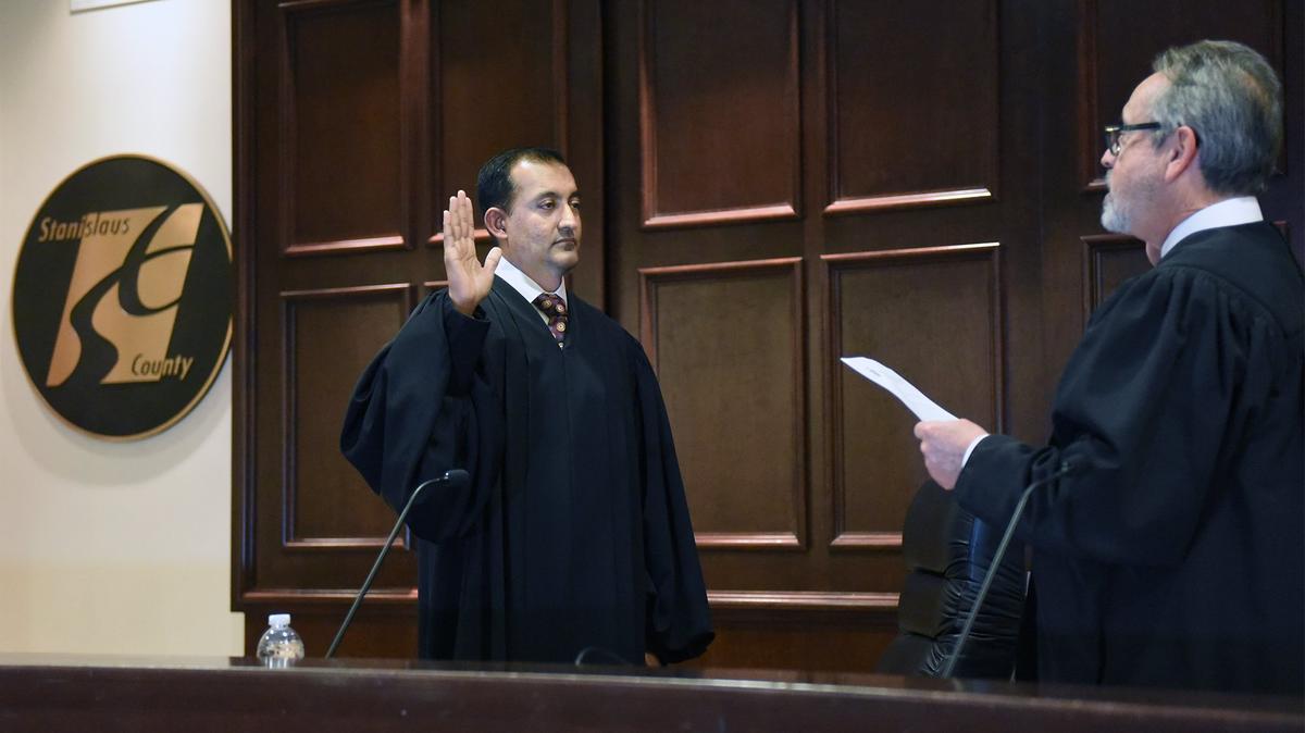 In November 2018, Sonny Sandhu, the former Stanislaus County public defender, is sworn in as the newest judge for the Stanislaus Superior Court by judge Ricardo Cordova during a formal ceremony in the basement chambers of Tenth Street Place in downtown Modesto.