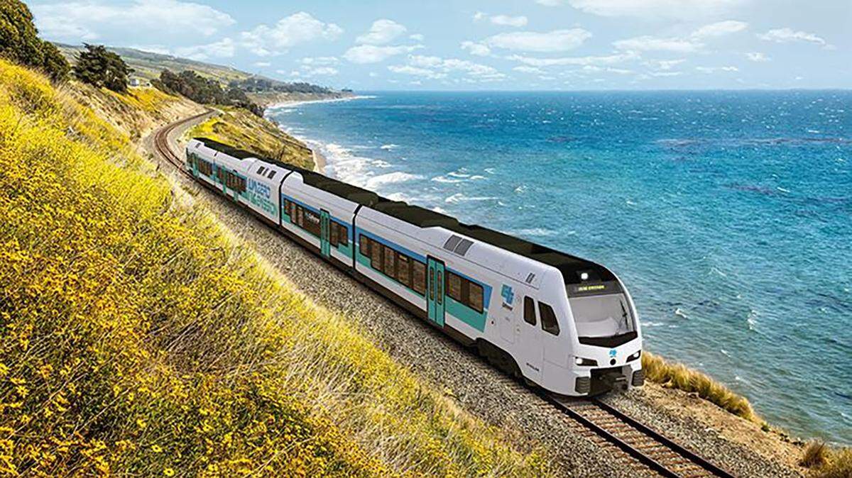 A rendering shows a hydrogen-powered train from Stadler Rail. The state on Oct. 12, 2023, announced the purchase of four of them for use on Amtrak and the Altamont Corridor Express as soon as early 2027.