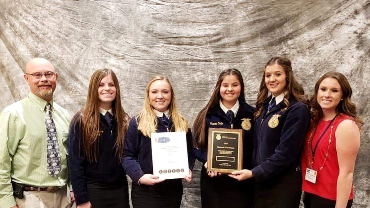The dairy judging team at Modesto High School placed second at the national FFA convention in Indianapolis on Friday, Oct. 26, 2018. It includes, from left, coach Billy Silva, Emily Bavaro, Aspen Silva, Shianne Omlin, Sierra Omlin and adviser Julie Schellhase.