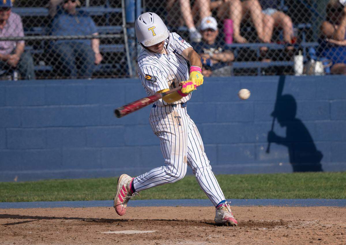 Turlock Joshua Ramirez bats during the California Athletic League game with Pitman at Turlock High School in Turlock, Monday, April 14, 2025. Ramirez has two hits in the game.
