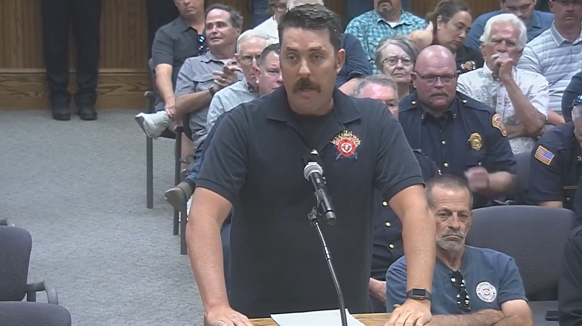Chad Hackett, president of Local 2434, speaks at the March 24, 2026 Turlock City Council meeting in opposition of continuing fire administrative services with Modesto.