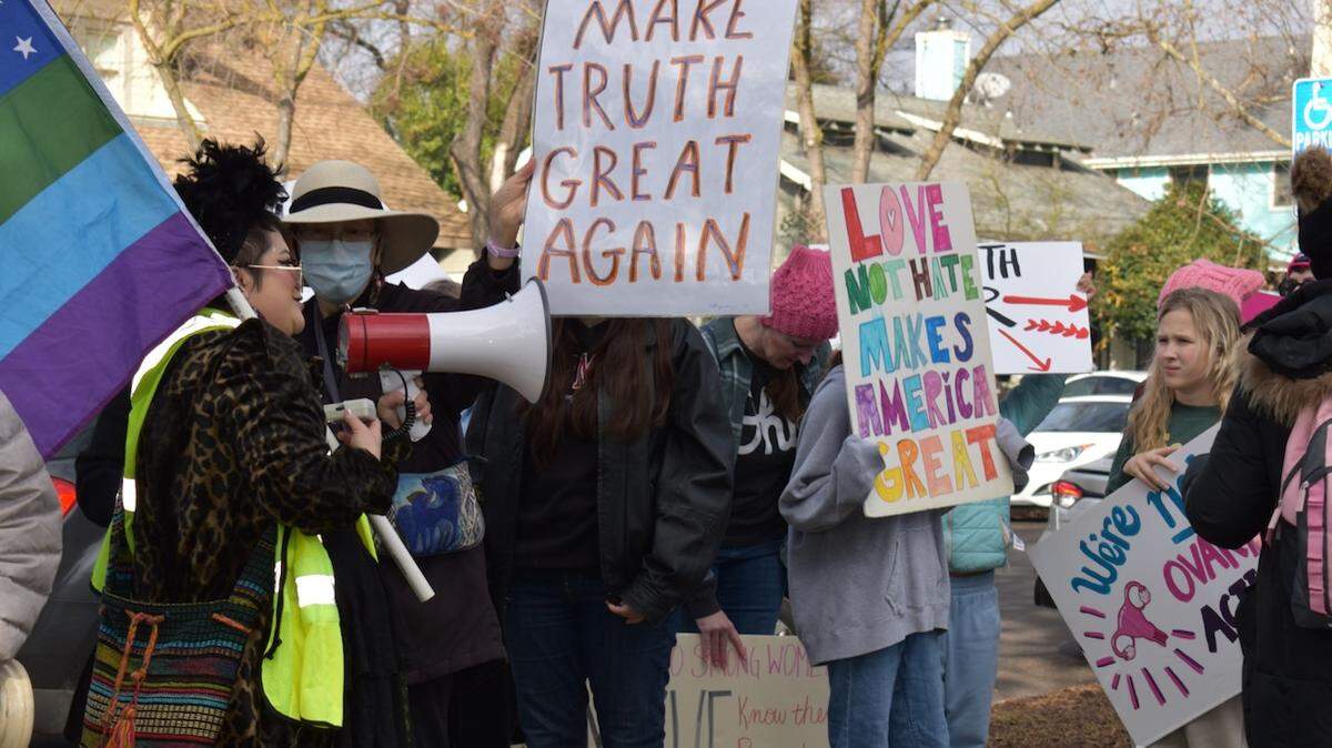 Marchers at the Women’s March in Modesto at Graceada Park on Jan. 18, 2025.