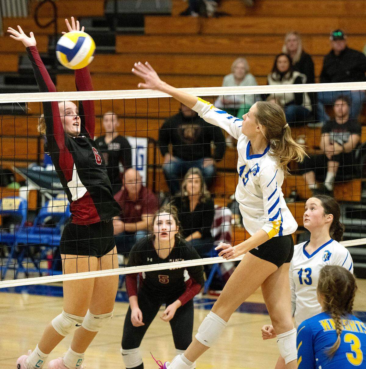 Ripon Christian’s Haley Kootstra strikes the ball past West Valley defender Kelsey Morton during the CIF State Division 4 playoff game at Ripon Christian High School in Ripon, Tuesday, Nov. 12, 2024.