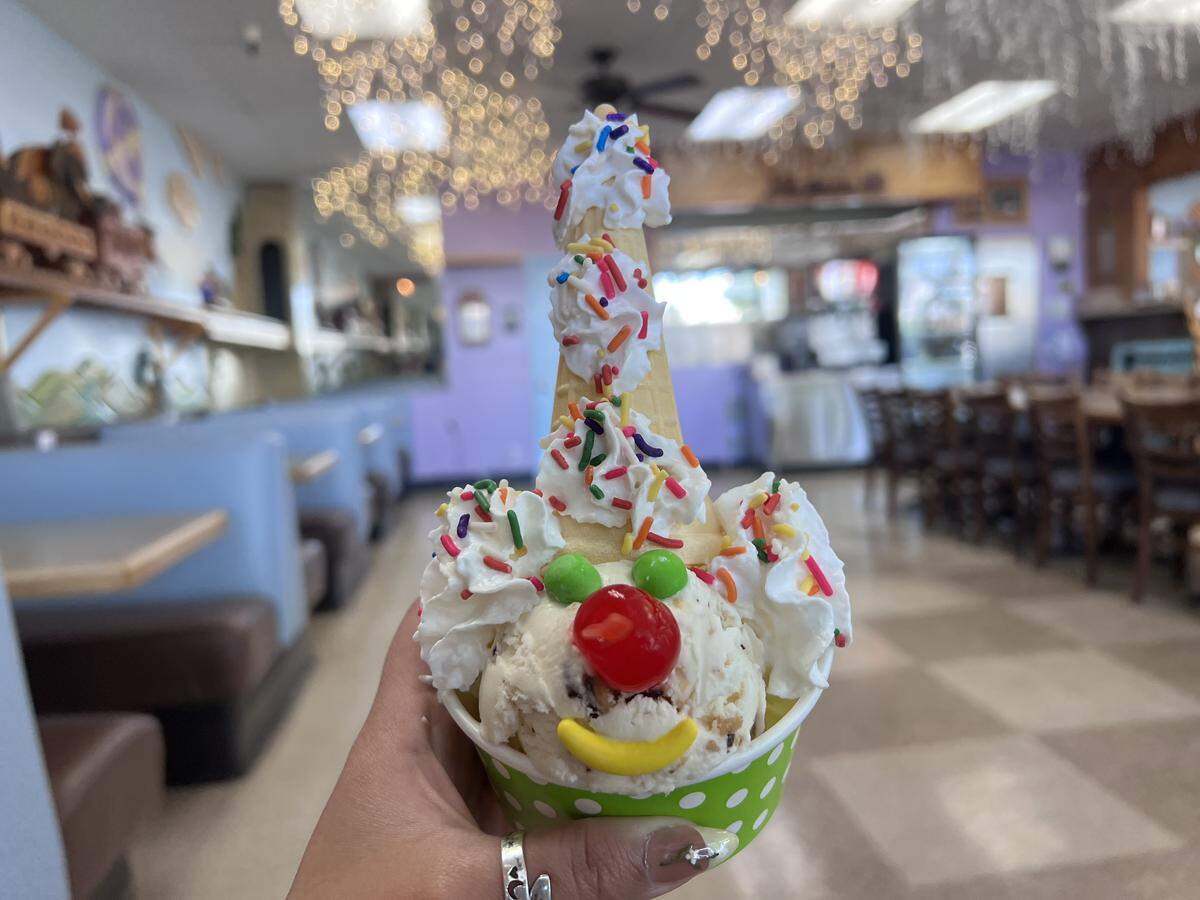 “The Clown” sundae made with your choice of ice cream and topped “with a cone clown face” for $6.90.