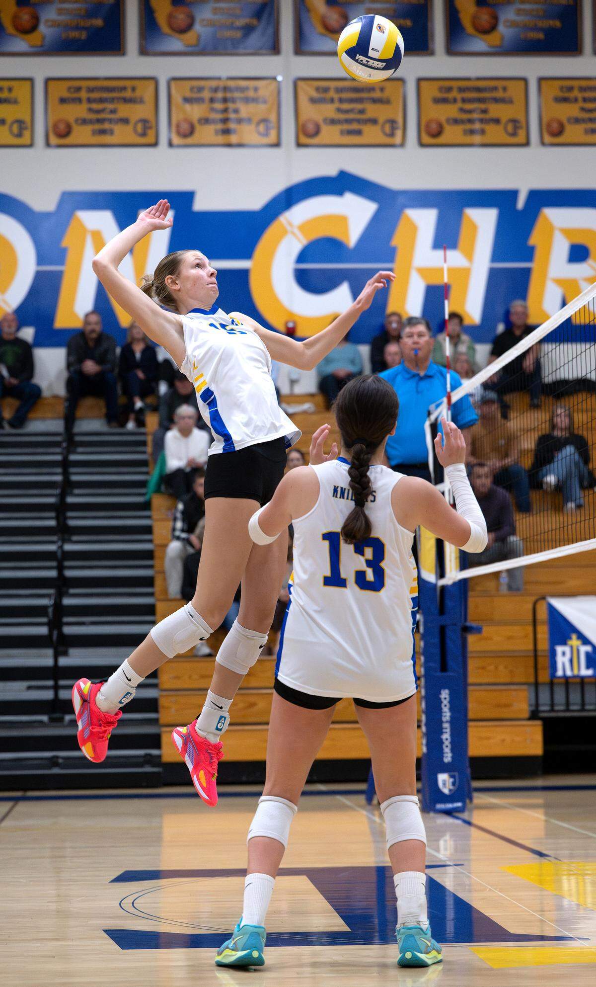 Ripon Christian’s Haley Kootstra sets up for a spike during the CIF Northern California regional playoff match with West Valley (Cottonwood).