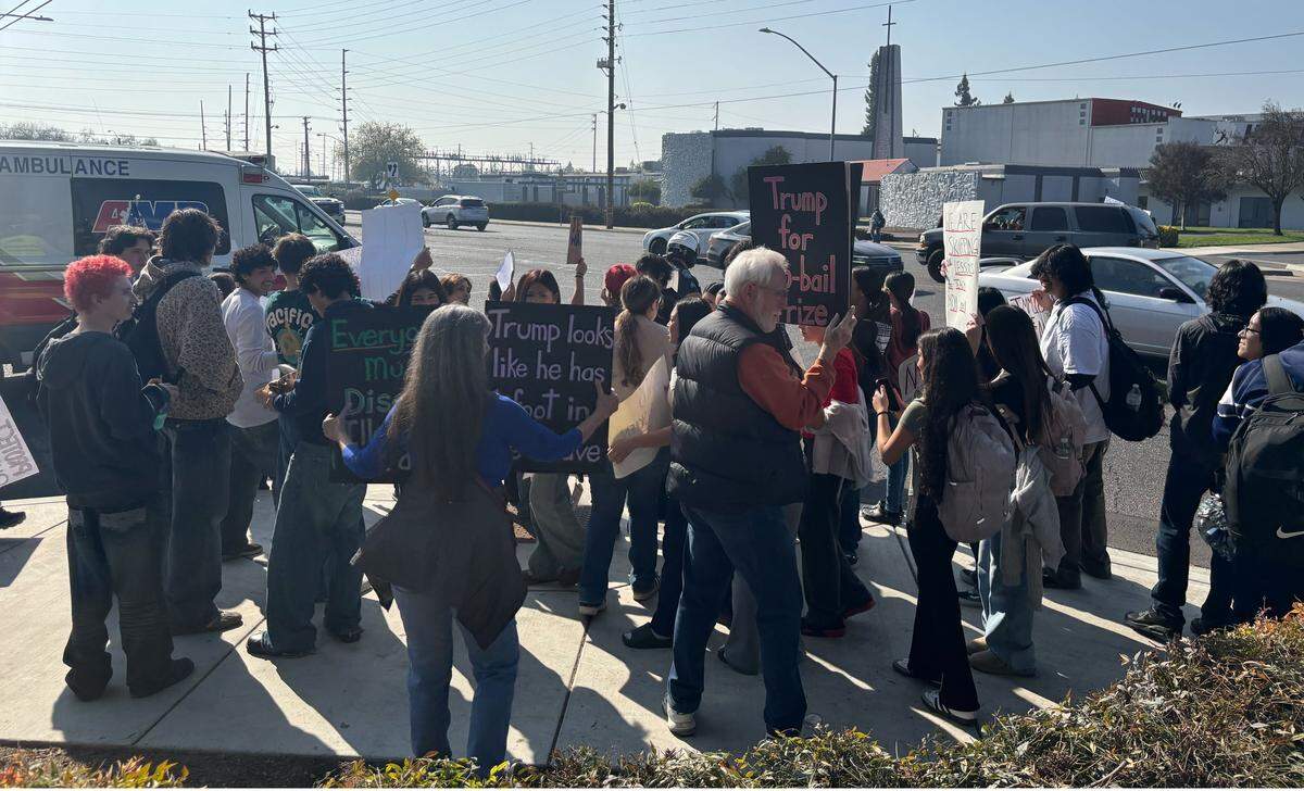 Student protesters and their supporters rally against ICE on Coffee Road in Modesto on Thursday afternoon, Feb. 5, 2026.