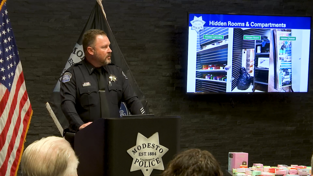 A screenshot of video taken from the Modesto Police Department’s press conference on Oct. 17, 2024 regarding their operations on smoke shops in Modesto.