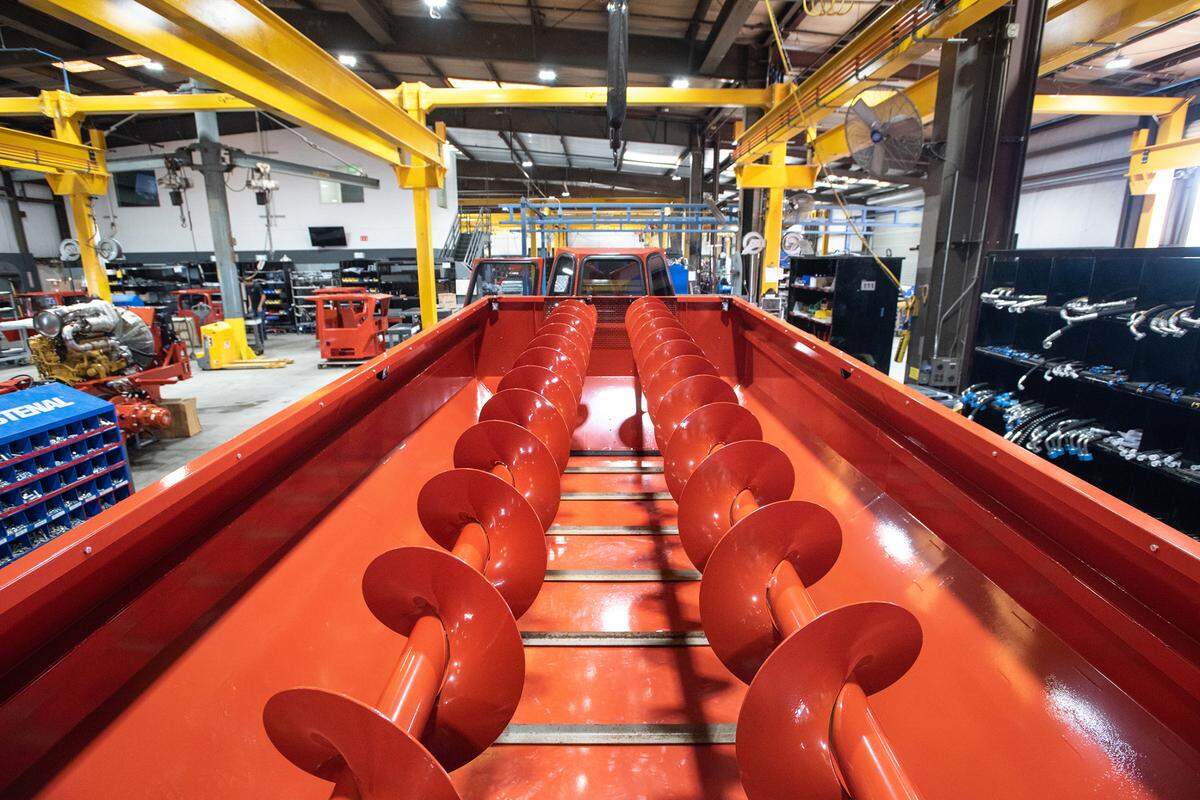 The bed of a Shuttle Truk on the assembly floor at Flory Industries, which makes nut harvesting equipment in Salida, Calif., Thursday, Feb. 9, 2023.