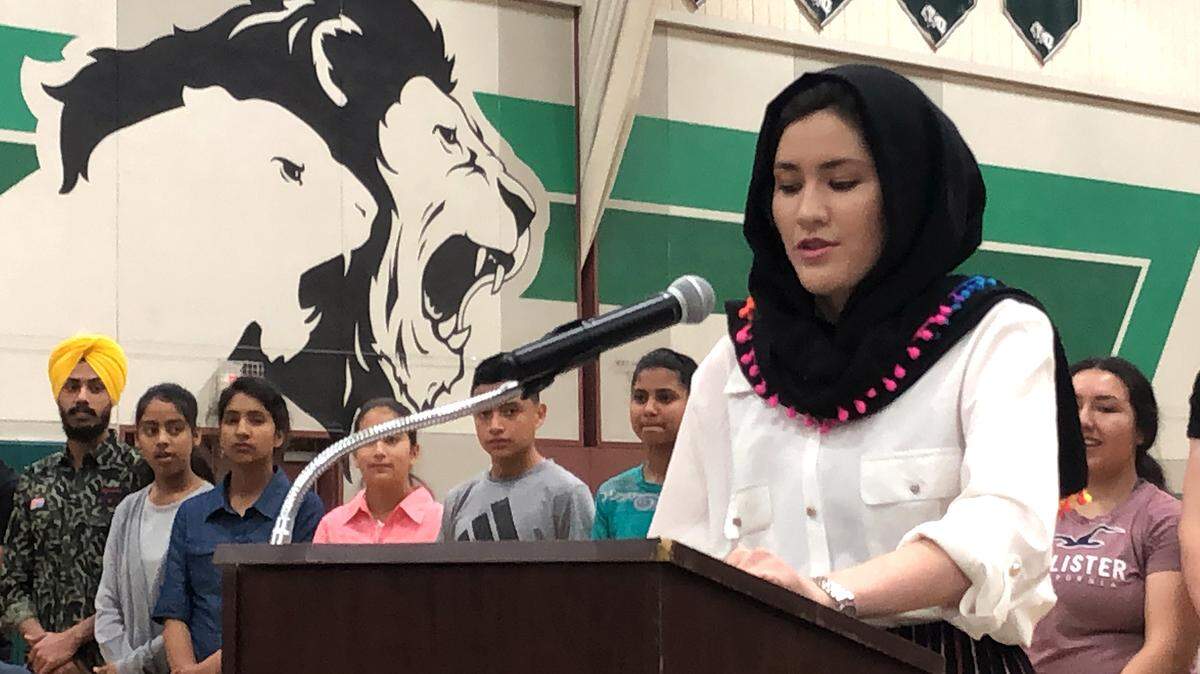 Turlock High School student Sadiqa Karimi, an immigrant from Pakistan, spoke at the Stand Against Hate gathering at Pitman High School in Turlock, CA, on Wednesday, April 24, 2019.