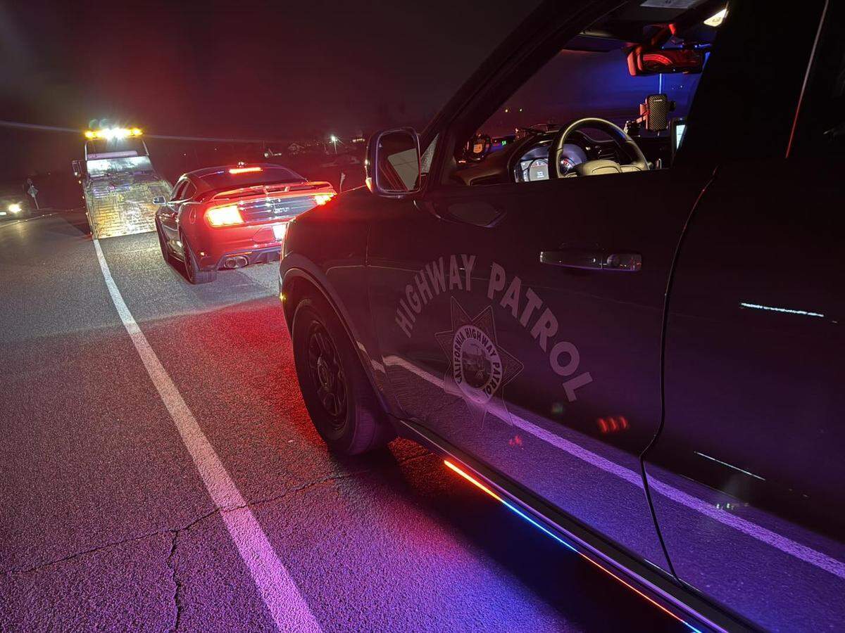 The California Highway Patrol says the driver of this Ford Mustang was going 139 on Highway 99 in Modesto on Wednesday night, Dec. 10, 2025.