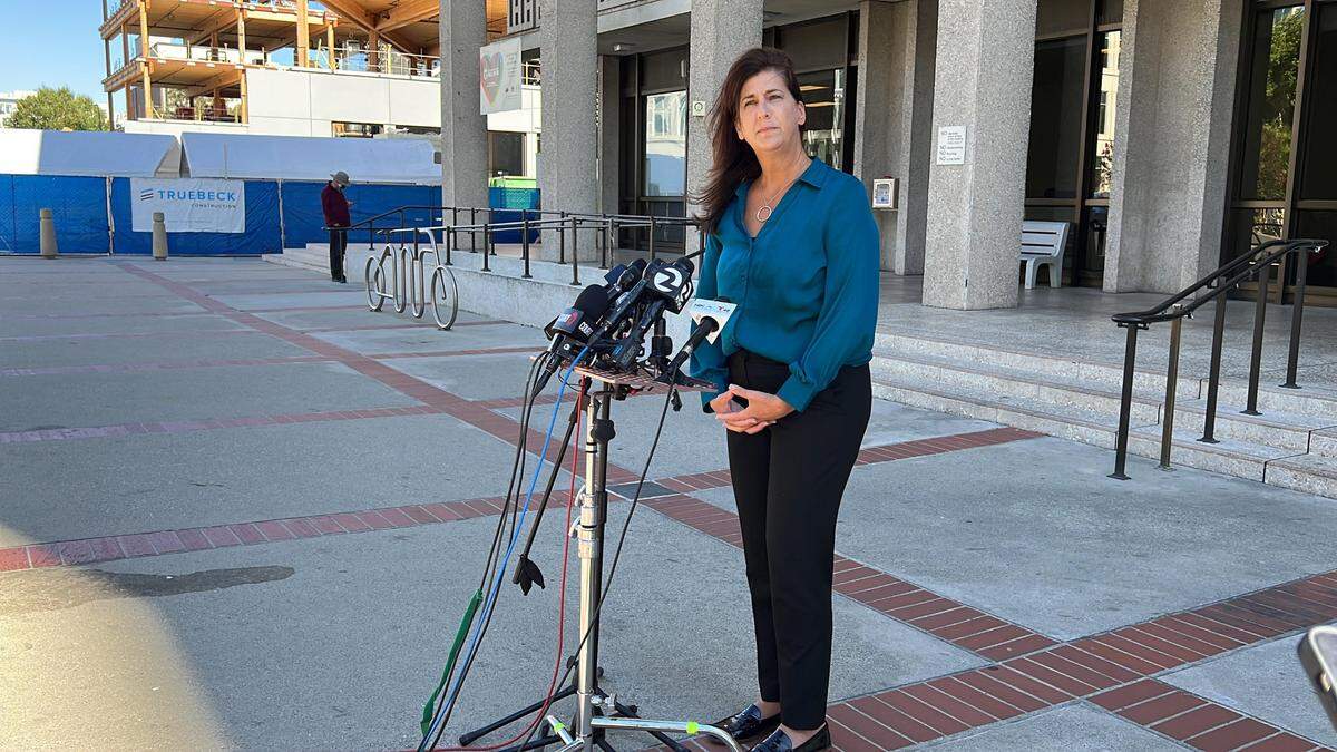 Janey Peterson, Scott Peterson’s sister-in-law, spoke to the media after final arguments concluded in a hearing to determine if the convicted killer will receive a new trial on Aug. 11, 2022 in Redwood City, Calif.