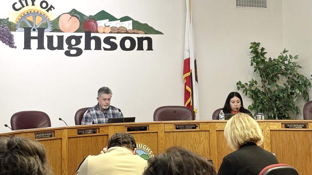 Hughson Mayor George Carr, left, and Councilmember Susana Vasquez sit at the dais during the Feb. 9 Hughson City Council meeting, where misconduct allegations involving Carr were publicly discussed.