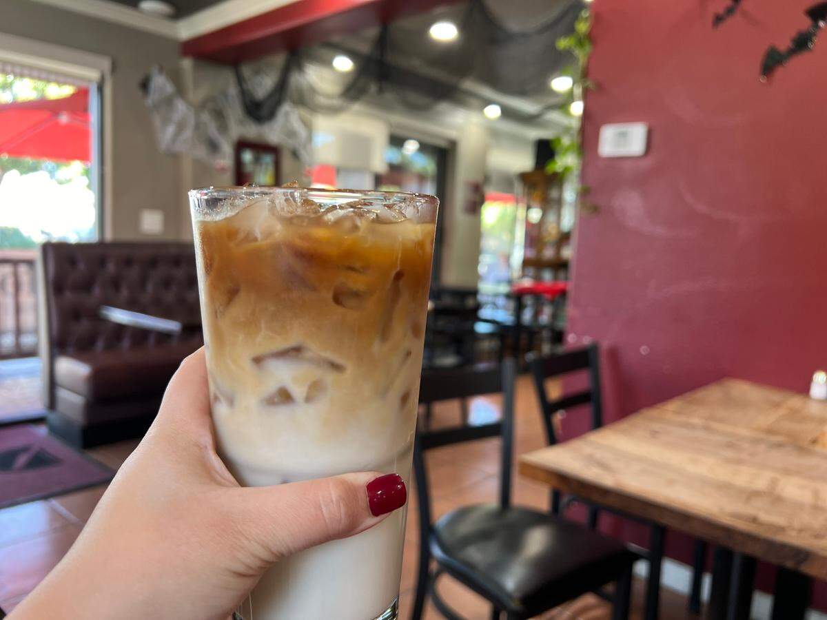 The iced Horchata Latte, featuring espresso over horchata and sweetened condensed milk for $5.95 at Delicioso Bistro.