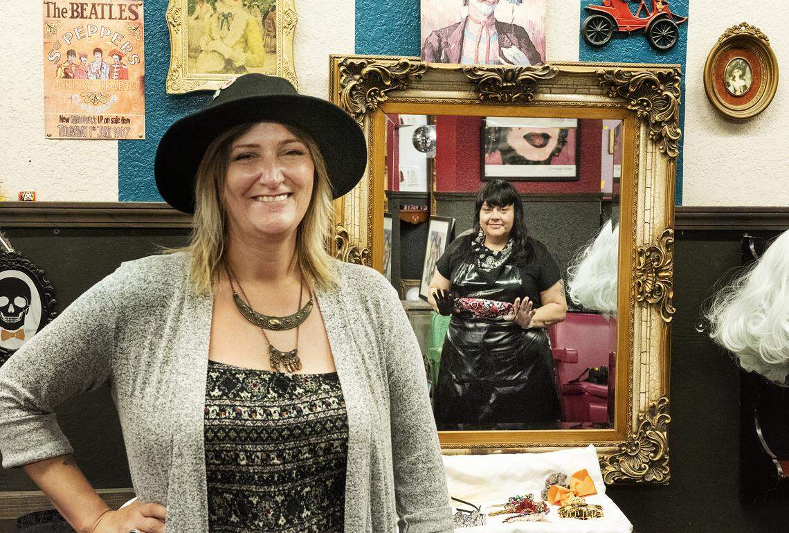 Hair stylists Tiffany Rose De La Cruz, left, and LoveCore, right, at Tangled T’s Hair Studio in Modesto, Calif., on Friday, April 24, 2020.
