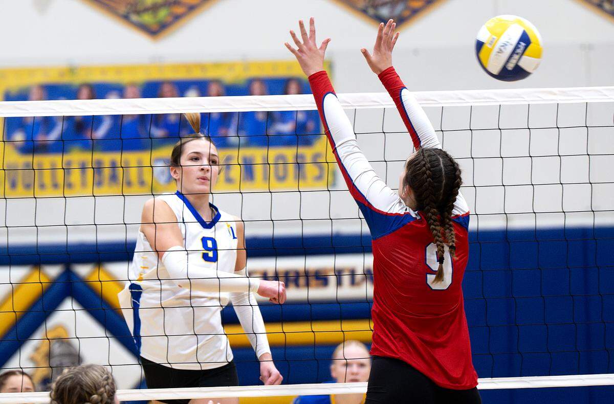 Ripon Christian’s Brynn Bohn drives the ball past Addison Efird of Immanuel during the CIF NorCal Regional Division IV Regional final match at Ripon Christian High School in Modesto, Tuesday, Nov. 18, 2025. 