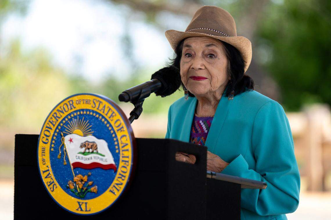 American labor leader and civil rights activist Dolores Huerta speaks during the dedication of the new Dos Rios State Park in the Northern San Joaquin Valley on Monday.