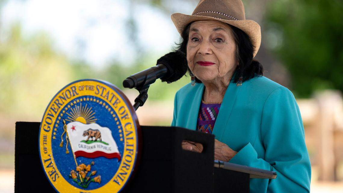American labor leader and civil rights activist Dolores Huerta speaks during the dedication of the new Dos Rios State Park in the San Joaquin Valley in April 2024.