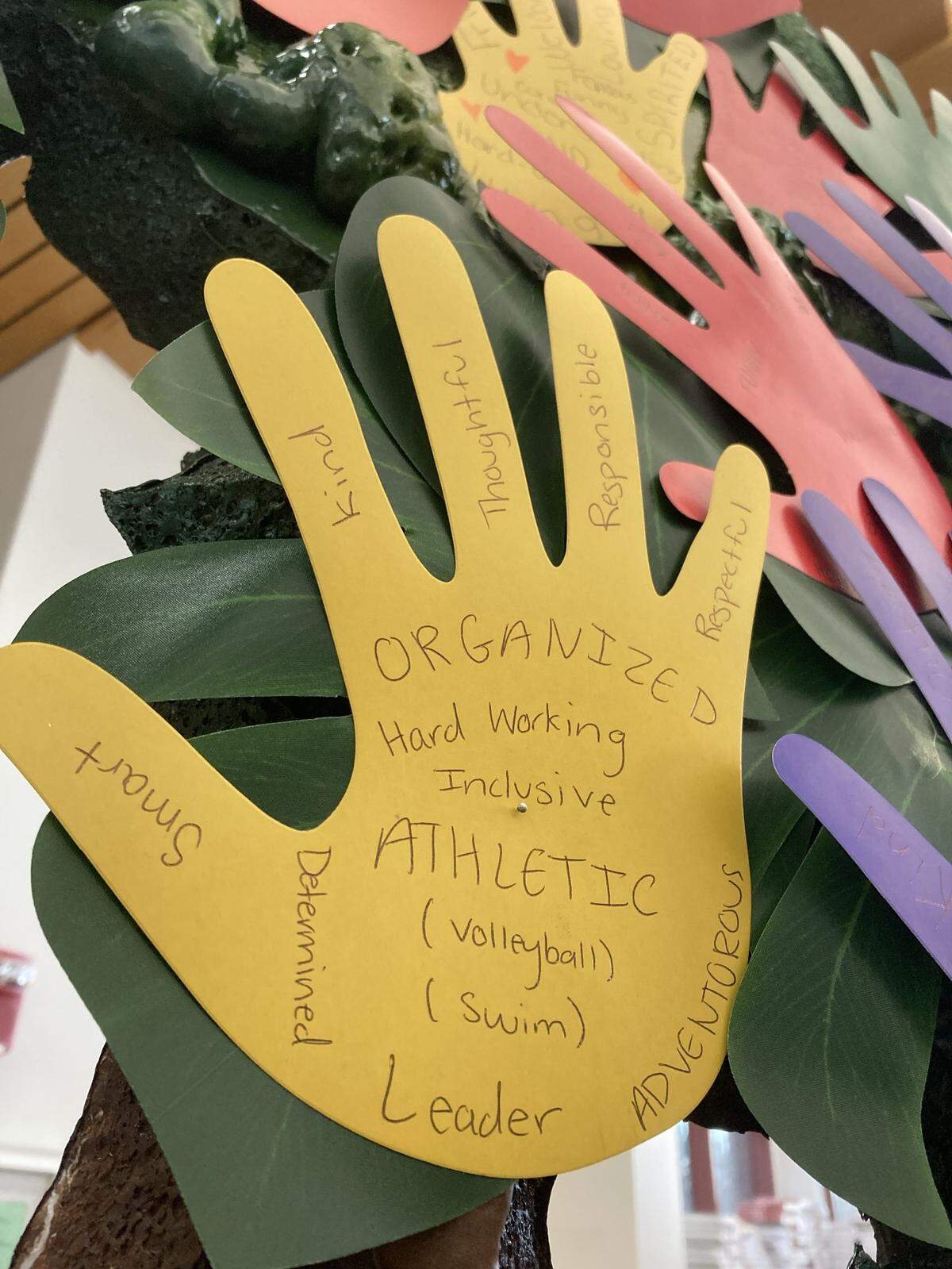 A hand cutout filled with personal “super powers” or positive traits made by a student leader during the CalSTOP SAVE Promise Club Youth Leadership Training Workshop on March 9, 2023 at Pitman High School.