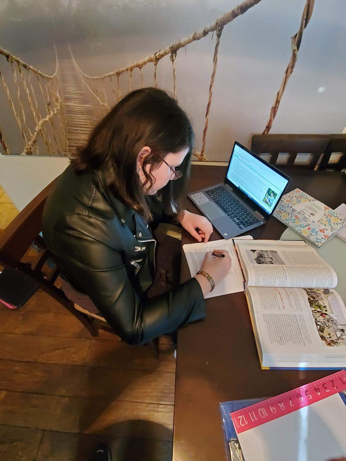 Erica does her schoolwork at her home in Modesto, Calif. on March 27, 2020. Erica’s mother Amanda asked for the family’s last name to be omitted because of privacy concerns.