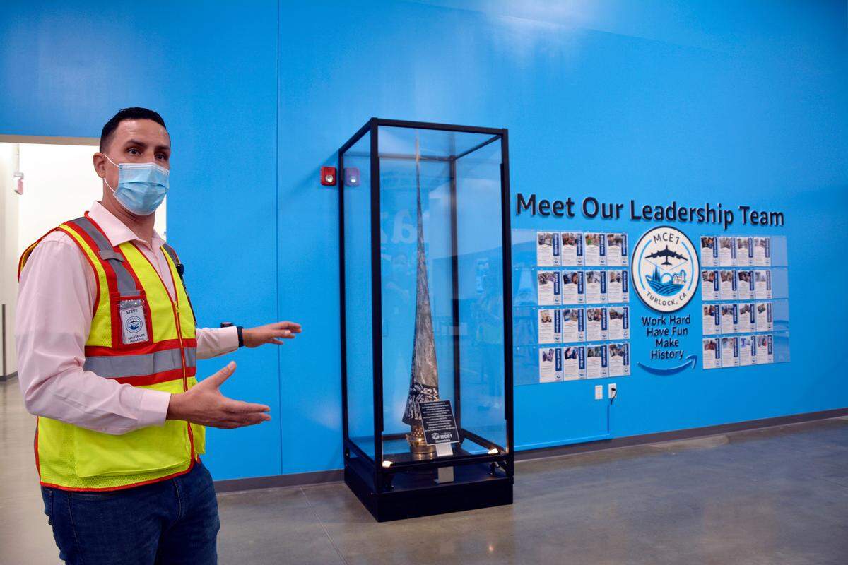 Amazon Senior Operations Manager Steve Ramirez inside the new large and bulky item fulfillment center that has opened in Turlock, Calif., on Oct. 20, 2022.