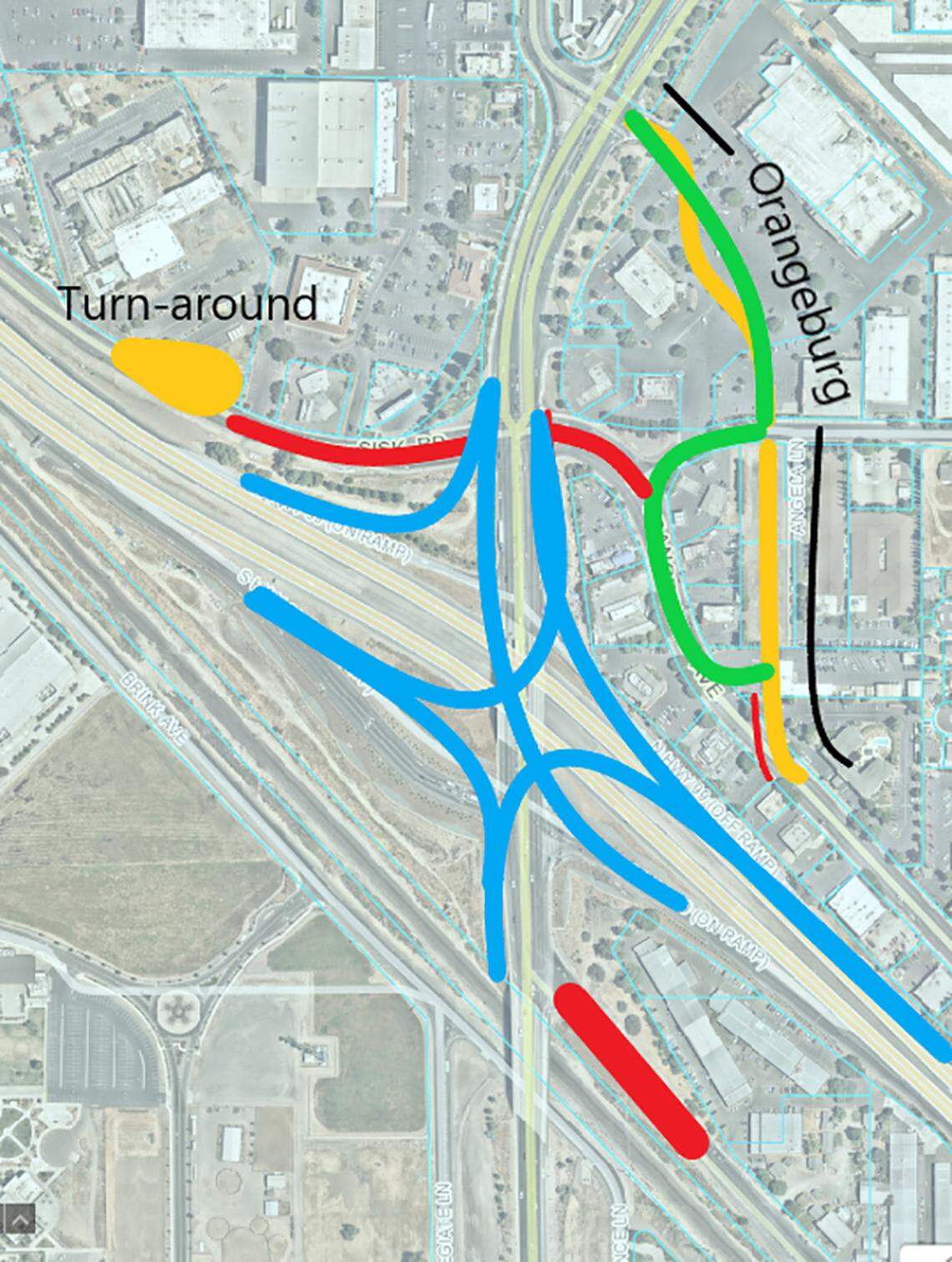 Robert Englent’s proposal for the Briggsmore Avenue interchange on Highway 99 includes new “flyovers” (in blue) and rerouting Orangeburg Avenue (green).