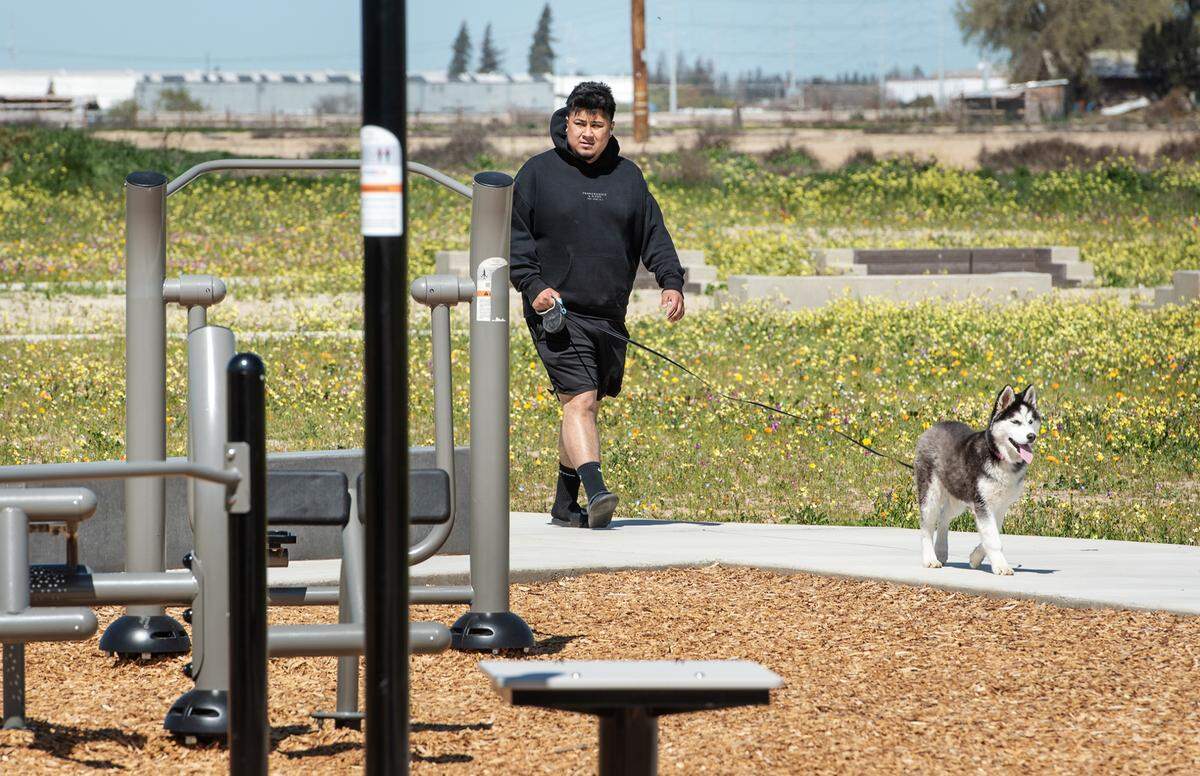 Tony Uvalle walks his dog Lola at Eastgate Park in Ceres, Calif., on Tuesday, March 23, 2021.