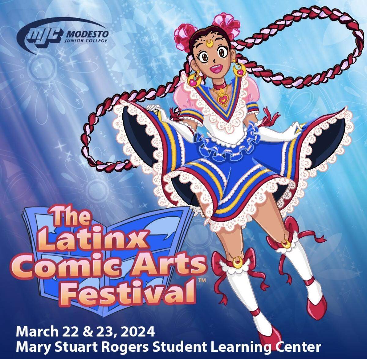 El Latinx Comics Art Festival se celebrará los días 22 y 23 de marzo. El cartel, que representa a Sailor Moon vestida con ropa folclórica, fue dibujado por la dibujante e ilustradora Amber Padilla.