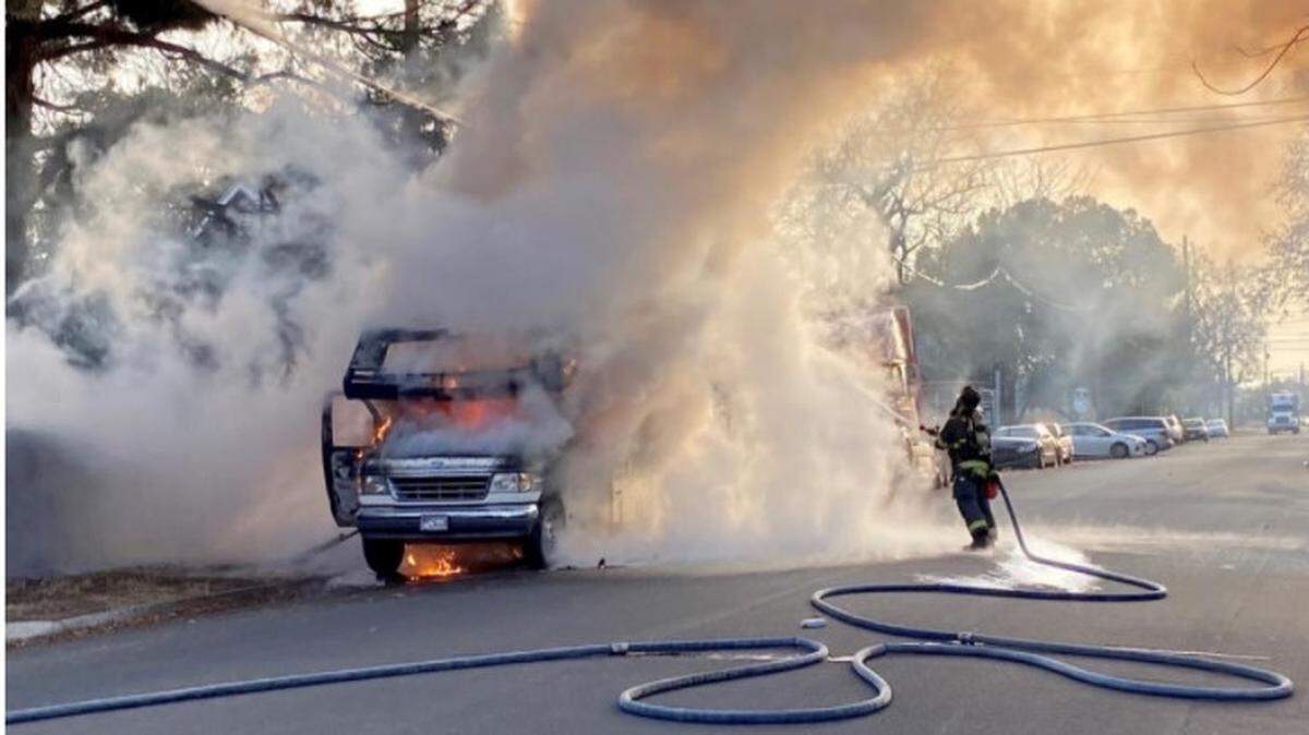 An adult suffered serious burns when a recreational vehicle caught fire in downtown Modesto on Wednesday afternoon, Dec. 23, 2020.