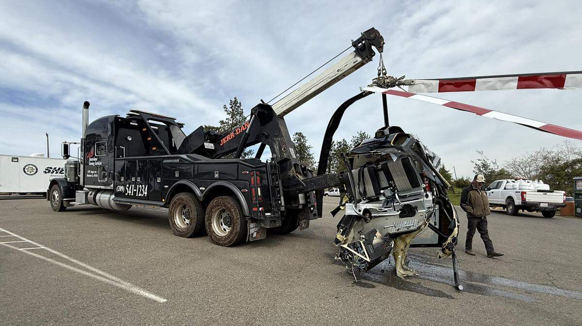 Stanislaus Towing Services posted this image on Facebook, stating, ‘Stanislaus County sheriff’s department called us to help the removal of a helicopter that crashed in the Modesto reservoir. On March 15, 2025. Two people on board. Pilot had minor injuries. Passenger had major injuries. Thank God everybody survived.’